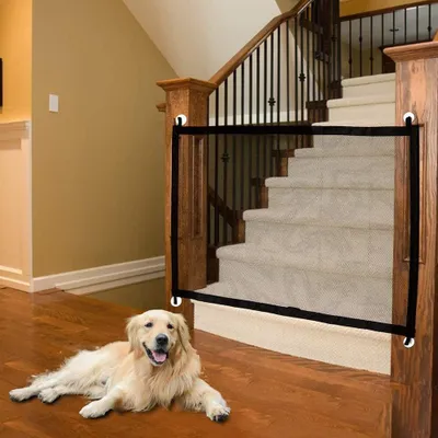 Produktbild von Sicherheitsbarriere für Hunde, verstellbares magisches Tor, magische Tür, Haustierbarriere, einziehbare Haustierbarrieren für Treppen, Küche, tragbar, zusammenklappbar, überall installierbar (180 x 72 cm)