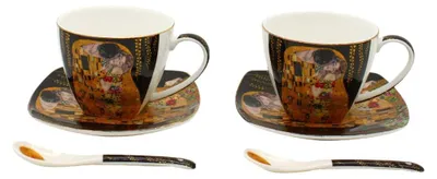 Produktbild von HOME ELEMENTS Set aus zwei Tassen 250 ml mit Untertassen und Löffeln, Klimt, Kiss dark