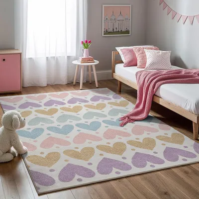 Produktbild von Moderner weicher Kinderteppich, Herzchen Muster, Creme Bunt, 120 x 170 cm