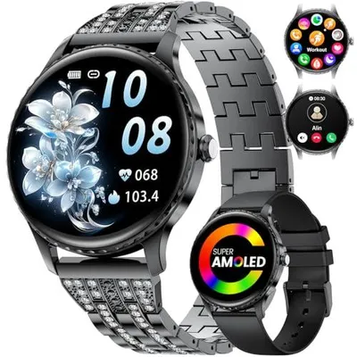 Produktbild von LIGE Smartwatch Damen mit Telefonfunktion, 1.32" AMOLED Fitnessuhr mit 100+ Sportmodi, Herzfrequenz Schlafmonitor Menstruationszyklus, IP68 Wasserdicht Armbanduhr für Android iOS (FV22-C)