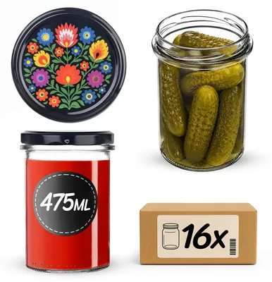 Produktbild von KADAX Einmachgläser 475ml mit Ø 82 mm Schraubdeckel, Marmeladengläser, Schraubgläser zum Einkochen, Einmachen und Aufbewahren von Marmelade & Honig (Schwarze Folklore, 16 Stück)