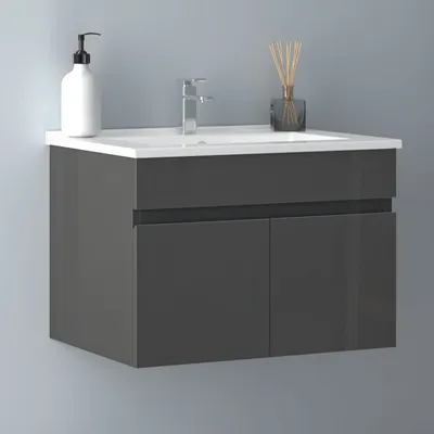 Produktbild von Waschtisch mit Unterschrank 60cm BERGEN Badmöbel Set Hochglanz Schwarz Keramik Waschbecken mit Unterschrank MDF Softclose
