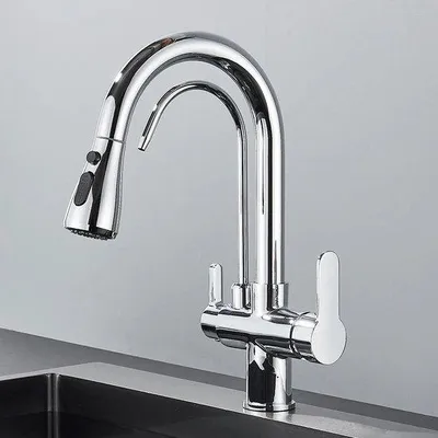 Immagine prodotto di Rubinetto con filtro - Acqua pulita - Con doppia maniglia estraibile - Acqua potabile calda e fredda - Filtro per l'acqua - Cromo