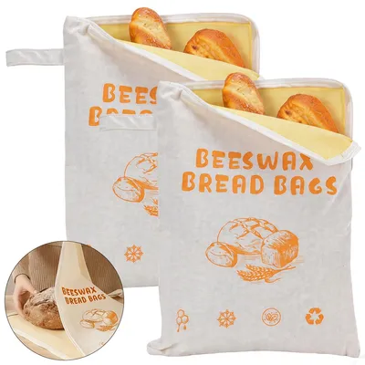 Produktbild von 2er Set Bienenwachs Brotbeutel extra groß, wiederverwendbar, mit Reißverschluss, für Sauerteigbrot & Artisan Brot, atmungsaktiv & frischhaltend