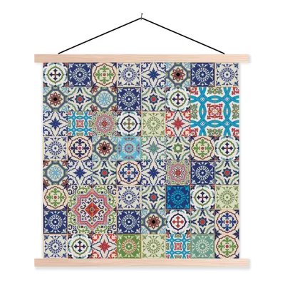Produktbild von MuchoWow® Textilposter Blumen - Muster - Grün - Blau 60x60 cm mit holzfarbenen Rahmen - Wanddekoration