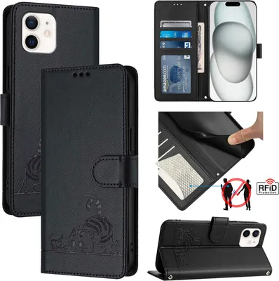Produktbild von Leder Hülle für iPhone 12 Mini Süße Katze Flip Case Brieftasche Schutzhülle mit Standfunktion Schwarz