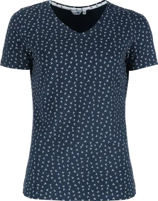Produktbild von modAS Damen T-Shirt Anker-Print - Basic Kurzarm Shirt mit V-Ausschnitt für Frauen maritim in Blau/Weiß Größe 38