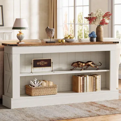 Produktbild von Konsolentisch 160 cm schmaler Flurtisch mit Regalen Landhausstil weiß und braun