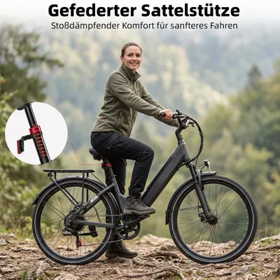 Produktbild von PiXELPiLOT 26 Zoll E-Bike Damen Herren Citybike,250W Heckmotor, 36V 14,5Ah 522Wh Akku, Shimano 7-Gang, bis 75 km, Scheibenbremsen, Federung