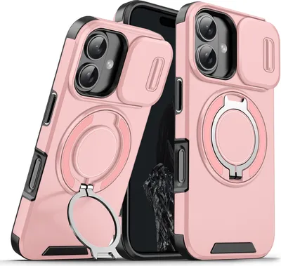 Immagine prodotto di Custodia a doppio strato per iPhone 16, con copertura scorrevole della fotocamera e supporto ad anello magnetico Rosa