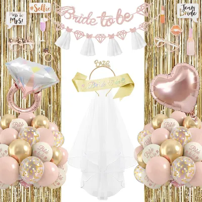 Brautparty-Deko-Set, 28 Ballons, Banner, Schärpe, Fransenvorhang, rosa-weiß