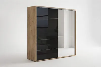 Produktbild von A11 Kleiderschrank mit 2 Schiebetür aus Glas mit Spiegel - Craft Gold, Lacobel Schwarz - 100 x 62 x 245 cm