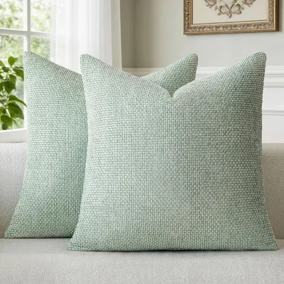 Productafbeelding van Omgoods - Chenille Kussenhoezen Set van 2, Lichtgroen 45 x 45 cm, Wasbaar en Fluffy Decoratief