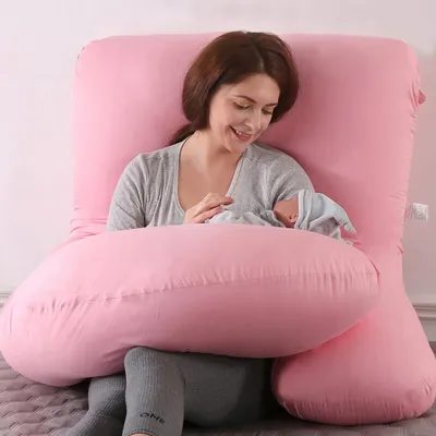 Image de Coussin d'allaitement en forme de J, coussin de grossesse, coussin pour dormir sur le côté, coussin de rangement, avec housse amovible, 70 * 145 cm, rose
