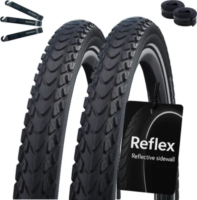 Immagine prodotto di 2 pneumatici per bicicletta Schwalbe Marathon Mondial Performance Line RaceGuard E-50 nero/riflettente 57-622 (28 x 2,25") + 2 camere d'aria Schwalbe SV19 40 mm incl. levapneumatici maxxi4you