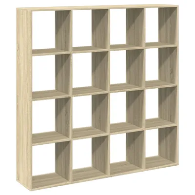 A freestanding, multi-compartment bookshelf against a white background.