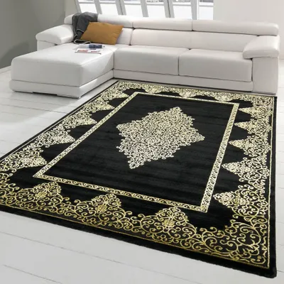 Produktbild von Teppich modern Kurzflor Wohnzimmerteppich Ornamente in schwarz gold Größe - 200 x 290 cm