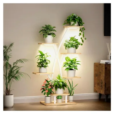 Produktbild von Pflanzenständer mit Wachstumslicht - 7-stöckiger Blumenständer 105 cm aus Metall und Holz - Blumentreppe für Innen- und Außenbereich - Dekoratives Blumenregal für Garten und Balkon (Weiß)
