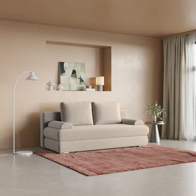 Produktbild von Sofa ASPERO Beige Plüsch-Stoff mit Schlaffunktion, Sofa mit Bettkasten, Sofa mit Bettkasten, Wohnzimmersofa, Couch, Soffa, Bettsofa, Couchgarnitur- Beige, PAROS 02