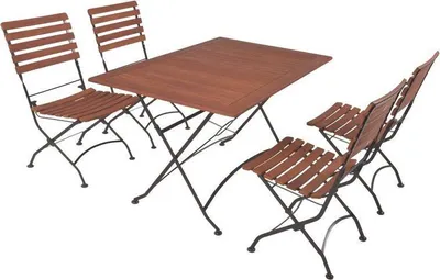 A wooden folding table and four chairs on a white background.