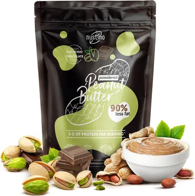Produktbild von Nustino - Erdnussbutter Pulver Pistazie, Schokolade 400g - 90% Weniger Fett - Proteinreich - Ohne Zucker - Fettarm - Ohne Palmöl