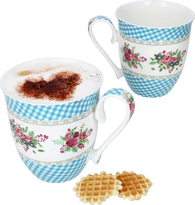 Zdjęcie produktu dla zestaw 2 kubków w niebieską kratkę 450ml kawa herbata porcelanowy kubek kwiaty