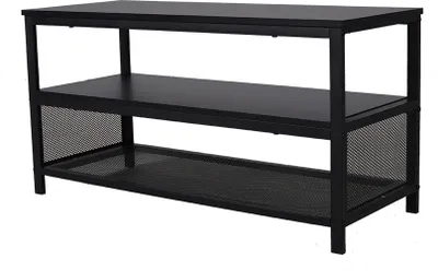 A black, three-tiered shelf unit with a mesh bottom shelf.
