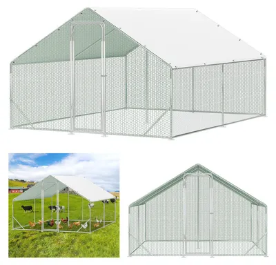 Obrázek produktu pro Volierový výběh pro slepice, rozměry 3 x 4 x 2 metry, plocha 12 m², se sedlovou střechou, ocelový rám s pozinkovaným povrchem o tloušťce 25 mm, zelené plastové pletivo a bílá ochranná plachta z polyetylenu (PE)
