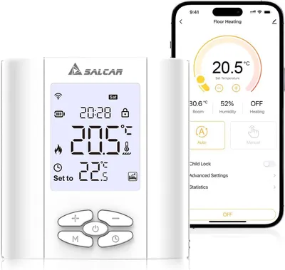 A smart thermostat and a smartphone displaying its app interface.