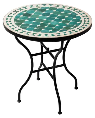 Immagine prodotto di Tavolino mosaico marocchino, color verde e beige, Marrakesh. Dimensioni: 60 cm, diametro 60 cm, altezza 75 cm. Tavolino da giardino pieghevole con struttura in ferro battuto. Tavolino rotondo artigianale per balcone o giardino, in stile Marrakesh