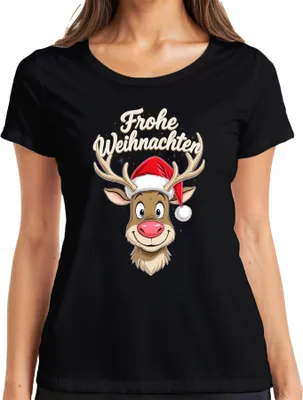 Produktbild von Frohe Weihnachten Rentier Niedlich Cartoon Weihnachtsmütze Lustig Damen T-Shirt, Schwarz, S