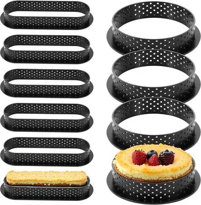 Produktbild von Set aus 10 runden Backformen, mit Perforation und Antihaftbeschichtung, ideal für Torten und herzhafte Gerichte
