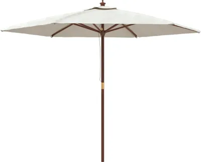 A square patio umbrella with a wooden pole and sand-colored fabric canopy, shown against a white background.