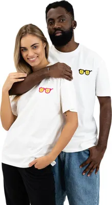 Zdjęcie produktu dla Oversize'owa koszulka Nerd Hunters z modnym motywem okularów, stylowa i wygodna, męska, biała, S
