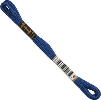 A single skein of blue embroidery thread on a white background.