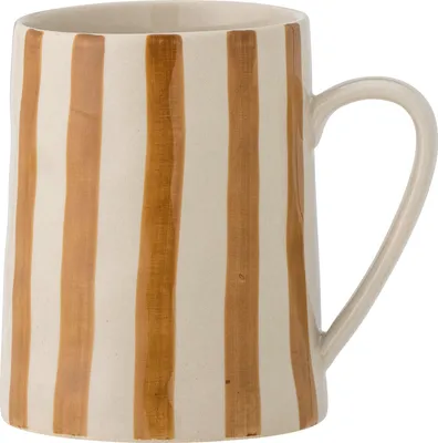 A studio shot of a ceramic mug with vertical stripes.