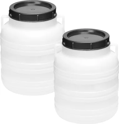 Two white plastic barrels with black lids are shown against a white background.