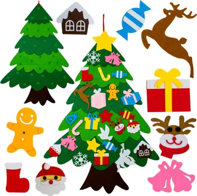 A collection of felt Christmas ornaments and a felt Christmas tree, arranged on a white background.