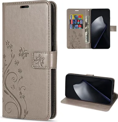 A collage of images showing a gray flip wallet phone case with a floral and butterfly design, including shots of the case open with credit cards and cash, and the case in a stand position.