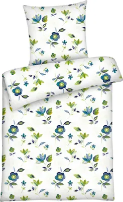 Produktbild von Renforce Bettwäsche 135x200 geblümt 100% Baumwolle, Bettbezug Blumen Grün Blau