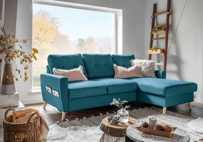 Image de MIUFORM Lars - Canapé d'angle avec fonction lit et coffre de lit - 223x148cm - Turquoise - Forme en L à droite - Canapé-lit Canapé