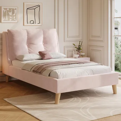 Produktbild von MODFU Einzelbett 90x200 Jugendbett Polsterbett mit gepolstertes Kopfteil,Bettgestell mit Lattenrost und Kopfteil,Kinderbett Bettbeine aus Massivholz,ohne Matratze,Rosa