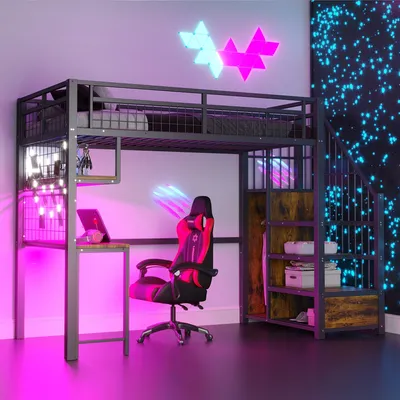 Produktbild von Merax Etagenbett 90x200cm mit Schreibtisch und Stauraumleiter, Hochbett mit Regalen und Lichtleiste, Kinderbett mit Steckdose und Gitterregal, Schwarz