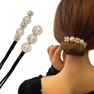 Produktbild von 2 Stück Damen-Duttformer mit Perlenblumen, Haarnadeln für Haarknoten und Dutts