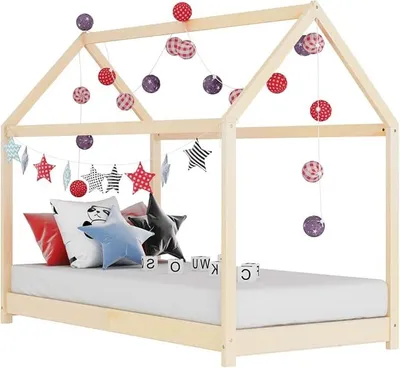 Productafbeelding van Kinderbedframe van massief grenenhout, 70 x 140 cm, huisbedmodel, decoratief bed voor kinderen, kinderbed, huisbed, grondbed