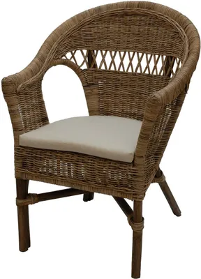 Zdjęcie produktu dla KRINES HOME Fotel rattanowy z poduszką do siedzenia Fotel wiklinowy z prawdziwego rattanu w stylu wiejskim (naturalny szary)