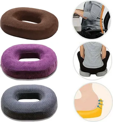 A collage of donut-shaped seat cushions in different colors and images showing how they are used.