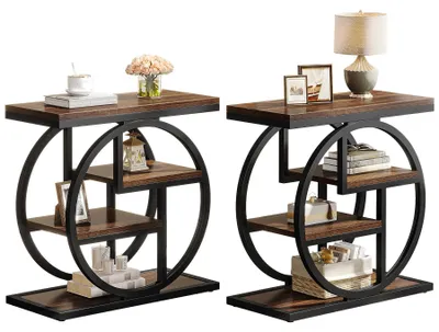 Image de Table d'appoint pour salon - Petite table de chevet à 4 niveaux avec étagères - Bois, style industriel rétro, 30 x 65 x 65 cm - Lot de 2 - Marron rustique