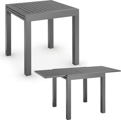 Two gray metal tables are shown against a white background. One table is fully assembled and appears to be a standard square table. The second table is shown in an extended state, indicating it is a pull-out or expandable table.