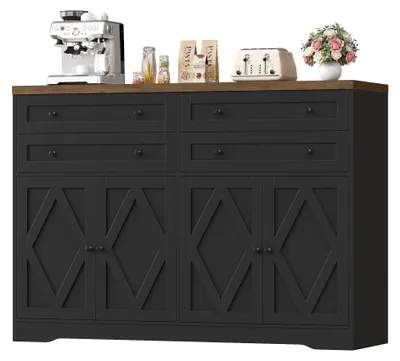 Zdjęcie produktu dla Komoda – szafka kuchenna/bufet – szerokość 132,7 cm – 4 szuflady, 4 drzwi – 2 regulowane półki – drewno – czarny kolor